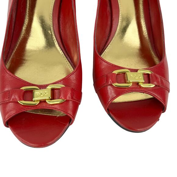 Ralph Lauren Wedges Paula Cherry Red 7.5B Leather Open Toe - Picture 9 of 11